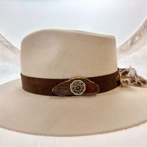 Brown Italian suede, Agate Crystal with vintage rhinestone/ Hat Band.